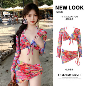 Floral Pattern Four Piece Swimwear Women V Neck <b>Padded</b> Long Sleeve Bikini Set For Beach Resort Swimming - Product Image 5