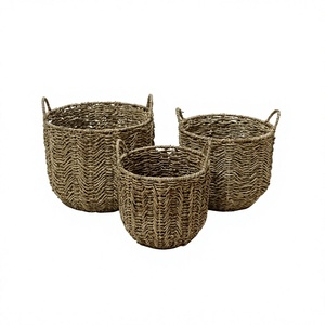 Rustic <b>Round</b> Natural Seagrass Storage <b>Basket</b> With Handles For Neatening And Organization - Product Image 2