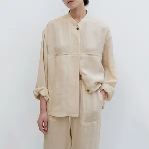 女式2023秋季100% 亚麻天然有机套装长袖女童麻衬衫裤子套装休闲服装亚麻