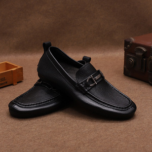 Mocassins en cuir véritable noir à bout rond, à enfiler, semelle extérieure en caoutchouc, confortables, pour hommes, toutes saisons, avec boucle - Product Image 2
