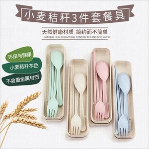 Ensemble de couverts en paille de blé portable avec fourchette, cuillère et baguettes, étui de rangement écologique à couvercle, design rectangulaire - Product Image 4