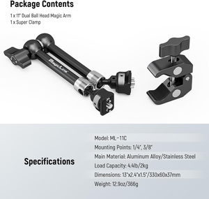 Bras magique articulé MagicLine <span class=keywords><strong>11</strong></span> "avec super pince et broches ARRI 1/4" 3/8 "pour moniteur LCD de caméra d'action DSLR - Product Image 6
