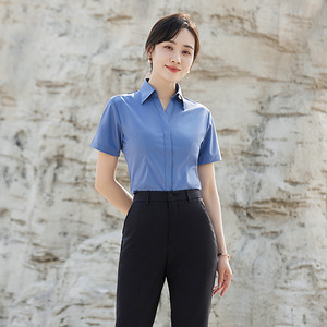 Women's Blue Short Sleeve Shirt Solid Color Bamboo Fiber Office Wear V807 - Product Image 3