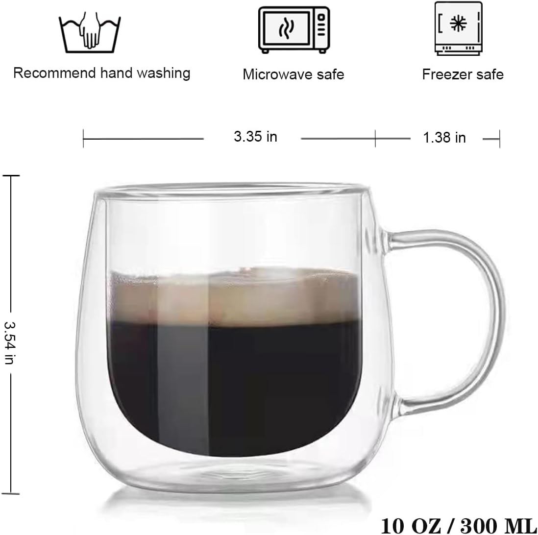 10oz Glass Insulated Double Wall Coffee Mugs - Clear Tea Cups with Handle