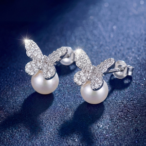 S925 <b>Silver</b> Butterfly Freshwater Pearl <b>Stud</b> Earrings Cubic Zirconia Pave Elegant Jewelry Gift for Women - Product Image 5