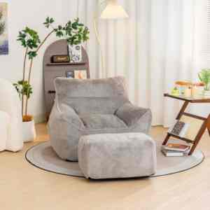 Modern Gray Microfiber <b>Bean</b> <b>Bag</b> Sofa Chair with Removable Cover and Ottoman One <b>Seat</b> Design - Product Image 1
