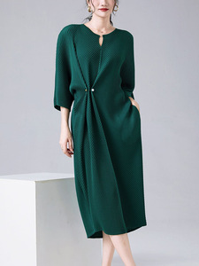 Vestido Midi Miyake para Mujer de Talla Grande, Elegante, Otoñal, para Mamá, Tejido, Fruncido, Plisado, con Volantes, Holgado - Product Image 4