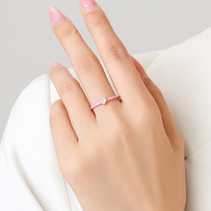 S925 Silver Pink Enamel Heart <b>Ring</b> with Light Pink Stone <b>Dainty</b> Stackable Silver Trendy Sweet Girl Finger Band - Product Image 4