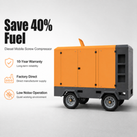 Compresseur d'air diesel à vis 17 bars, robuste et remorquable, 194 kW, compresseur mobile portable pour le forage de puits d'eau