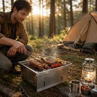 Grill portable pliable en acier inoxydable ENJOY pour le camping et la cuisson au charbon de bois, avec fonction de retournement
