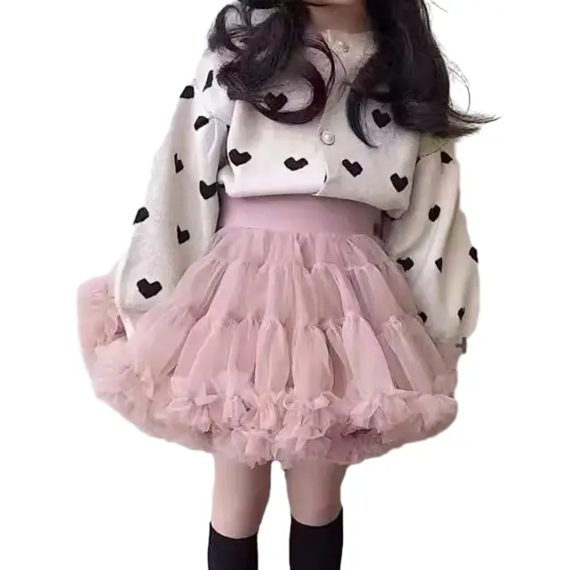 2024 Winter New Design Solid Girls Sweaters Coats Tulle Puffy Skirts Two Pieces Cute Girls Clothing Sets