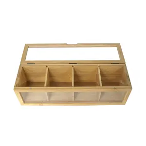 Caja de té de madera de bambú personalizada FSC & BSCI con tapa acrílica, caja de almacenamiento de bolsitas de té con organizador de té de 4 compartimentos