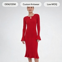 Robe trapèze tricotée pour femme, col rond vintage, manches trompette, coupe ajustée, printemps automne, décontractée, OEM ODM, vente en gros