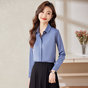 Women's Solid Color Suit Set With Base Shirt Autumn Long Sleeve Blue Polyester Satin Fabric - Product Image 3