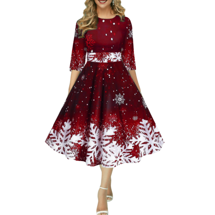 New Style Adult S-5Xl Snow Print Mid-Length Sleeve Party Casual Dress 2024  Christmas Nice Dresses for Ladies