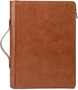 Portofolio Kulit Asli dengan Pegangan dan Ritsleting, Pengikat 3 Cincin Padfolio Kulit Full Grain