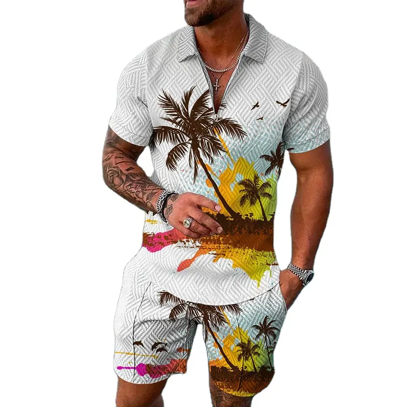 popular short-sleeved vacation beach coconut palm men's casual T-shirt suit manufacturers source