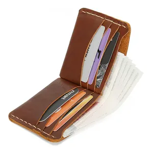 Vintage Bifold Short Real Cowhide Money Clip Mini Slim Credit Card Holder Genuine Leather Crazy Horse Leather Wallet For Men