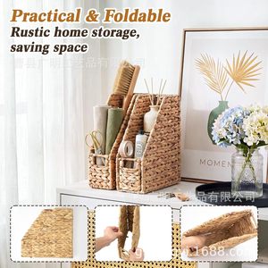 Handmade Woven Magazine Storage Basket Rectangle Desktop <b>File</b> <b>Organizer</b> Natural Color Standing Type Office <b>Organizer</b> - Product Image 3