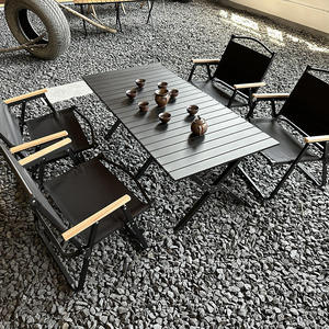 <b>Foldable</b> Outdoor <b>Table</b> Set with Metal Frame and Wood Top for Garden Patio Use Minimalist Design Black Color - Product Image 1