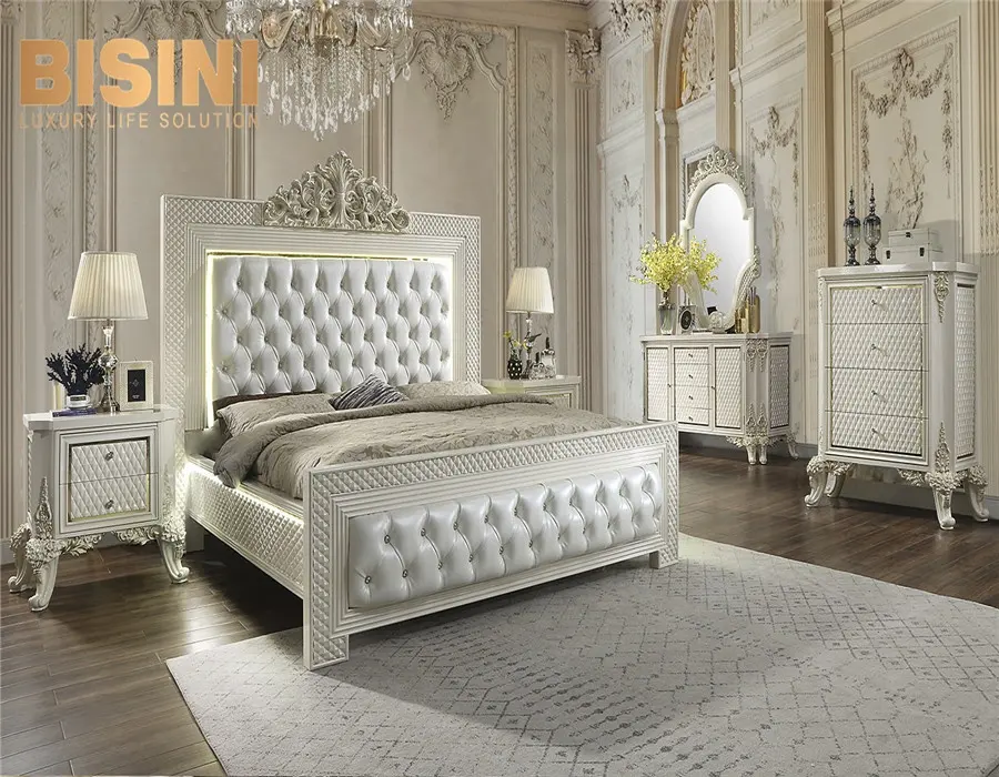 शानदार इतालवी बंद सफेद प्राकृतिक ओक लकड़ी हाथ नक्काशीदार बेडरूम सेट सो कमरे फर्नीचर