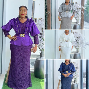 S10761 <span class=keywords><strong>Abiti</strong></span> da Chiesa alla Moda <span class=keywords><strong>per</strong></span> Donne, Maniche Lunghe, Scollo a V, Pizzo con Volant, Vestito Lungo da Festa Serale, Elegante Abito Dashiki con Cintura - Product Image 2