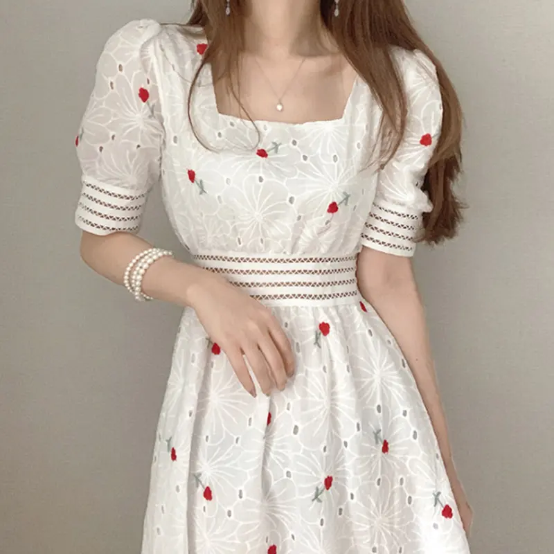 Fashion Print Dress Puff Sleeves Cute Square Neck Cutout Waist Sweet Dress