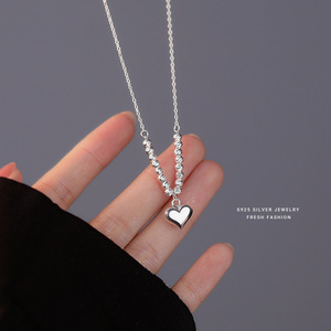 Cinta hati berbentuk bulat kalung manik-manik 925 perak murni wanita liontin hati desain kalung - Product Image 1