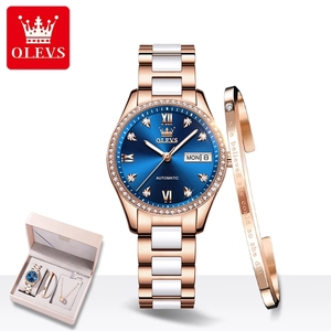 Montre Femme OLEVS 6637 avec Cadran Entièrement Sertie de Diamants, Affichage Double Calendrier, Étanche, Bracelet en Cuir Élégant et Ensemble Bracelet - Idéale pour le Dropshipping - Product Image 1