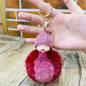 Porte-clés pendentif en peluche pompon mignon et moelleux, en forme de poupée bébé endormie colorée, avec boule de poils, jouet pour sac - Product Image 5