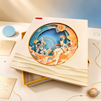 Boîte cadeau rigide carrée personnalisée, boîte en papier crème de luxe avec illustration ronde d'astronaute en 3D, plateau intérieur jaune pour cadeau de festival