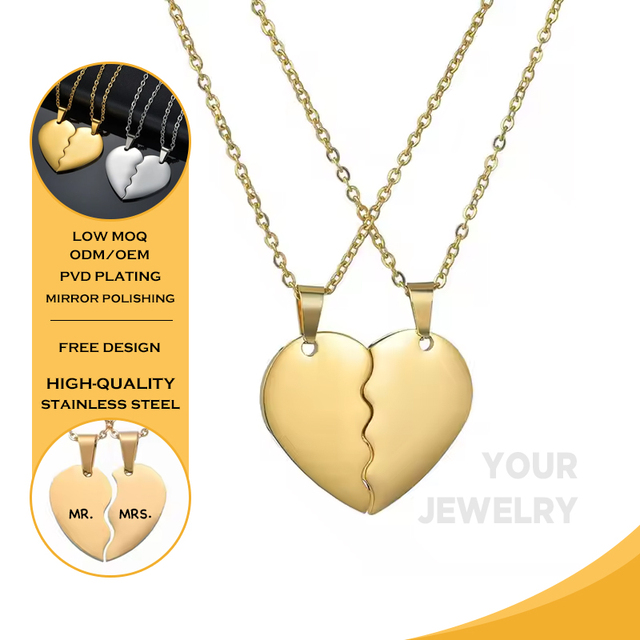 Customizable Stainless Steel Half-Broken Heart Pendent Necklace DIY Blank Jewelry with Link Chain for Friends Couples Lovers
