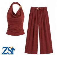 Ensemble 2 pièces Zesheng personnalisé pour femme : haut tissé uni à licou et pantalon en lin ceinturé – Collection Resort OEM ODM