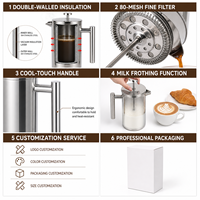 Cafetière à piston en acier inoxydable HC 304, 350-1000 ml, filtre fin 80 mailles, poignée ergonomique et bec verseur, finition brossée anti-corrosion