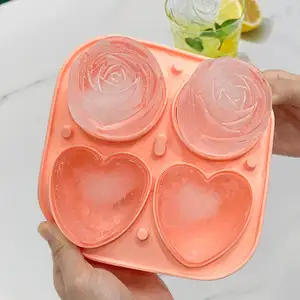 2024 Food Grade BPA Free 4 Cavities Rose Loving Love Heart Shaped Silicone Ice Mold Easy Release Ice Cube Tray With Lid