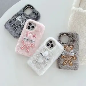 Hot Selling Luxury Bear Fur Plush for iPhone 15 plus Case Pearl Phone Cover for iPhone 14 13 12 11 Pro Max XS Max