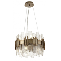 Luminaire Jingshi à anneau lumineux doré avec tubes en verre, panneaux texturés densément disposés en cercle, éclairage d'ambiance chaleureux pour la maison