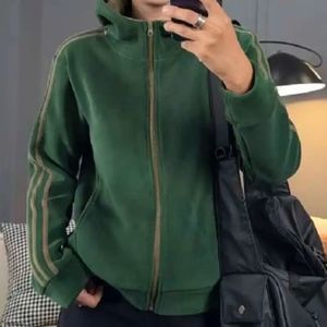 Women's Green Fleece Hooded Sweatshirt Zipper Long Sleeve Warm Casual Jacket Thick Polyester Autumn Winter Wear - Product Image 1