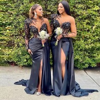 Robes de Soirée Noires Fendues Hautes, Longues Vestidos De Fiesta Arabes Aso Ebi Demoiselle d'Honneur de Bal Robe de Serveuse MB474