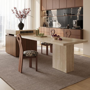 Table de salle à manger extensible multifonctionnelle en pierre frittée avec bordure en travertin, style français du milieu du siècle, avec rangement intégré, mobilier de maison - Product Image 2