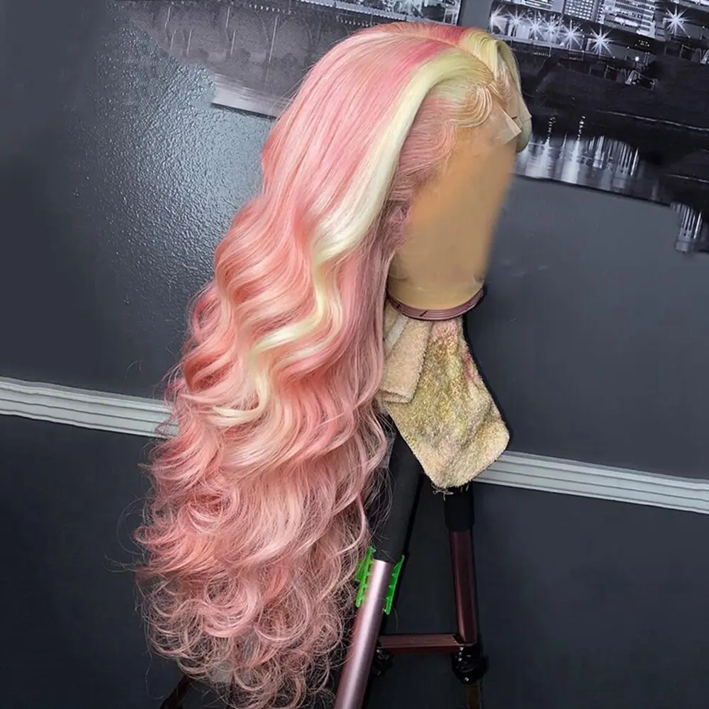Customized Pink Body Wave Virgin Brazilian Human Hair Lace Frontal Wig ,HD Transparent Lace Front Wigs With Baby Hair