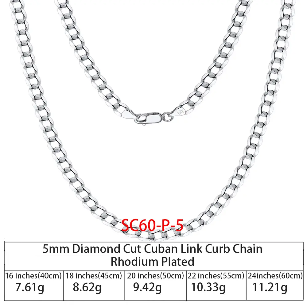 RINNTIN SC36 925 Sterling Silver Chains Hip Hop Jewelry 3.6/5/7mm Chunky Diamond-Cut Cuban Link Chain Necklace für Men Women