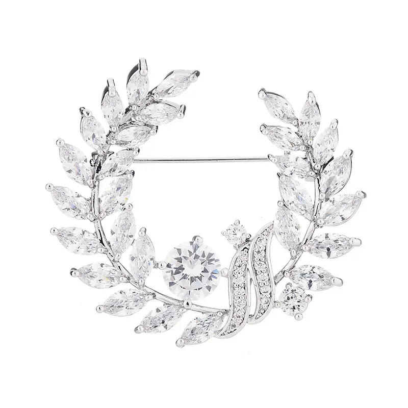 Hot Selling Wholesale Luxury Charming Cubic Zirconia Olive Branch Brooch Pins For Female Jewelry
