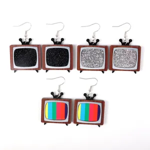 Boucles d'oreilles pour femmes avec paillettes noires argentées, rétro, souvenirs personnalisés, anciennes antennes <span class=keywords><strong>TV</strong></span> - Product Image 1