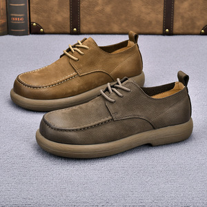 Chaussures bateau rétro en cuir pour hommes, bout rond, dessus en cuir véritable, semelle extérieure en caoutchouc, respirantes, toutes saisons, usage décontracté - Product Image 1
