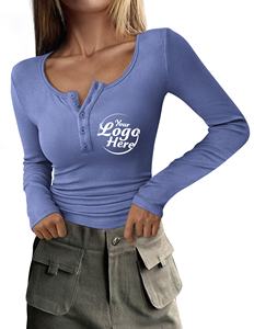 Chemisier lourd à manches longues chemises femmes 2025 automne à manches longues t-shirts bouton côtelé tricot coupe ajustée décontracté basique hauts - Product Image 2