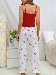 Conjunto de Pijama con Estampado de Cerezas <span class=keywords><strong>para</strong></span> <span class=keywords><strong>Mujer</strong></span>, Camisola en Contraste y <span class=keywords><strong>Pantalones</strong></span> Estampados, Ropa de Dormir Fresca <span class=keywords><strong>para</strong></span> Verano - Product Image 3