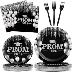 96PCS Prom Night Party Tableware Set Class Of 2024 Party Disposable Dinnerware Plates Napkins Forks Graduation Celebration Party