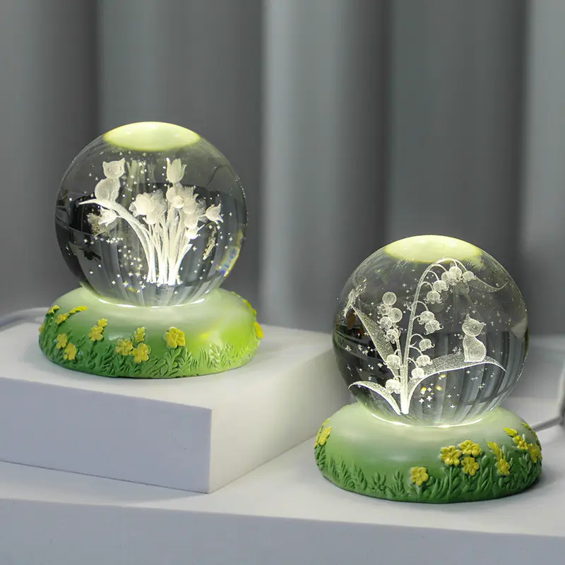 Petits ornements artisanaux en résine de style pastoral frais, nouvelle boule de cristal 3D avec boule de verre sculptée à l'intérieur, veilleuse