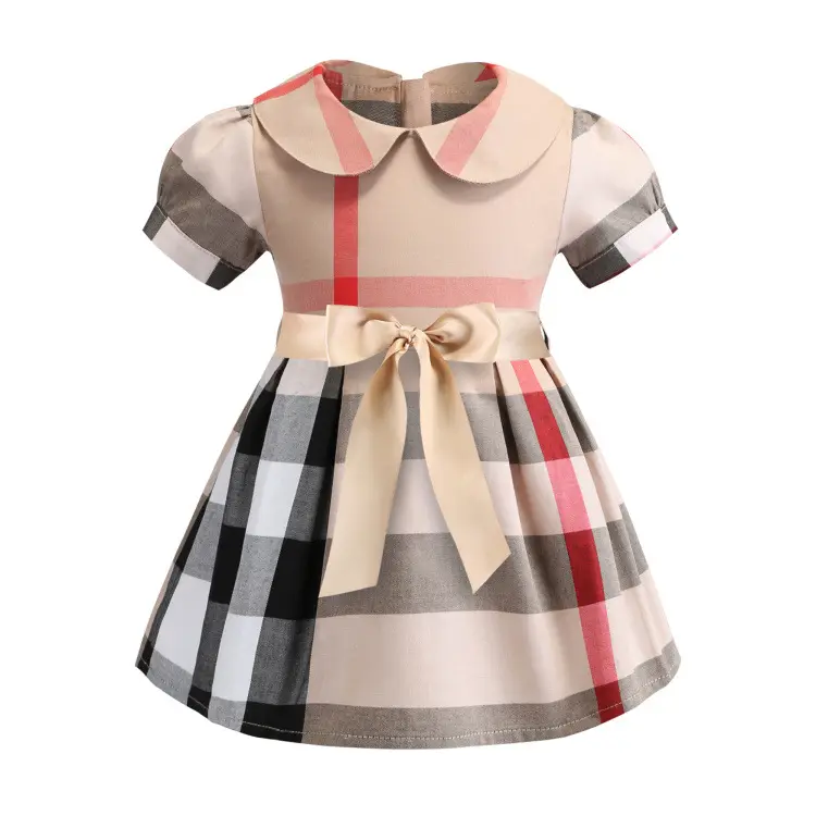 Hot Sale High quality girls summer clothing Children 100% cotton kids girls short sleeve plaid dress for 3T-7